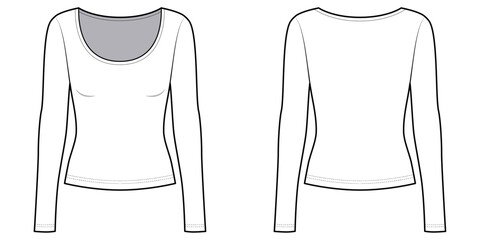 Women's Round Neck Long Sleeve Slim Fit Wide Neckline- Technical Illustration-Front and Back View- Cad/ Vector Illustration