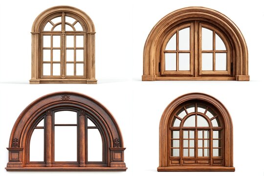 Elegant collection of arched wooden window frames showcasing detailed craftsmanship