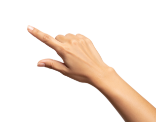 Hand pointing towards direction on white background.