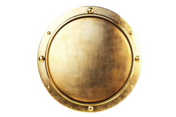 Circular golden shield with metal accents isolated on transparent background