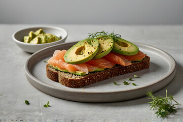 Close-up of healthy rye bread sandwich topped with fresh avocado slices, smoked salmon, and herbs. Clean eating, Nordic cuisine, minimalist breakfast concept on neutral background.