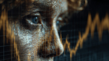 Human and Data Fusion: Conceptual image of a trader's face merged with a volatile financial graph, representing market obsession and intense analysis.