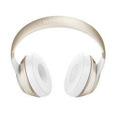 A pair of stylish wireless headphones in gold and white, designed for comfortable listening.