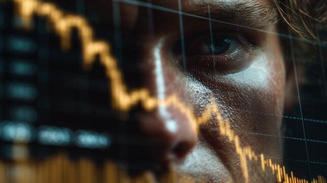 Market Crash Analysis: Extreme close-up of an investor's eye reflecting a falling stock market chart, symbolizing financial crisis, loss, and risk.