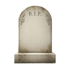 A weathered tombstone with rip inscription and floral carvings isolated on transparent background