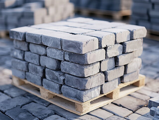 Stacked gray pavers on a wooden pallet, a wooden walkway with paving stones on the street, paving the yard with paving stones, generative ai