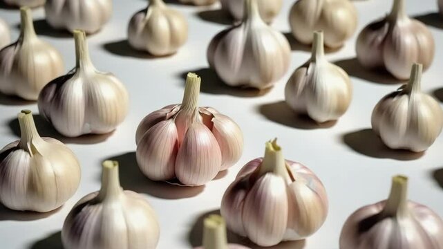 Grid of garlic bulbs with textured skins against white background.