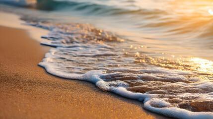 Sea wave edge meeting sandy shore in golden hour