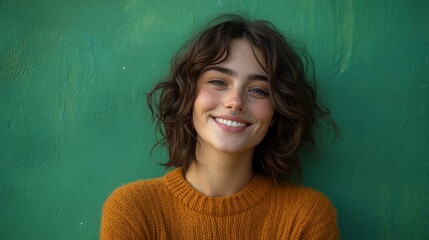 Joyful woman in a cozy sweater and nose ring standing against a vibrant green background, radiating youthful energy and style, Generative AI