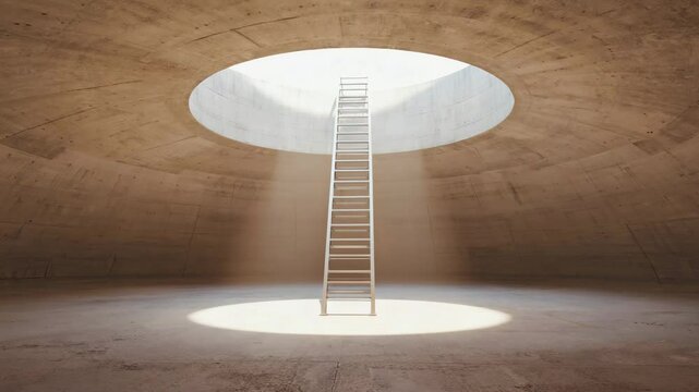 Steel ladder in concrete room bathed in golden light from above.