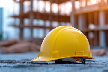 Yellow helmet on site with worker in background promoting construction safety and protection concept