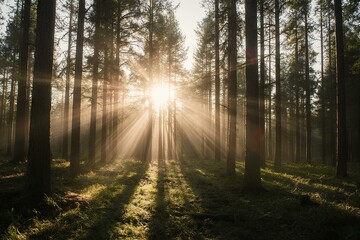 Fototapeta premium Wald Panorama mit Sonnenstrahlen ,forêt, arbres, nature, soleil, campagne, printemps, 
