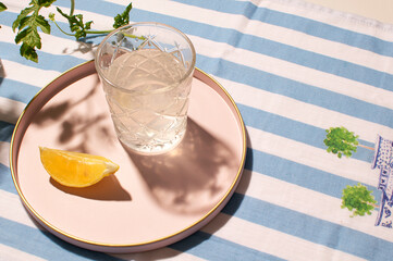 Refreshing, summer cocktail with raspberry juice, picnic tablecloth, retro nostalgia