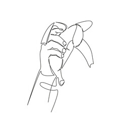 One continuous single drawing line art flat doodle banana, fruit, holding, food, ripe, hand, snack, organic. Isolated image hand draw contour on a white background, hand drawn, not AI