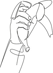 One continuous single drawing line art flat doodle banana, fruit, holding, food, ripe, hand, snack, organic. Isolated image hand draw contour on a white background, hand drawn, not AI