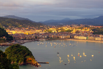 Aerial view of San Sebastián in Spain during summer sunset.