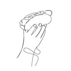 One continuous single drawing line art flat doodle hot dog, fast food, sausage, food, ketchup, meal, meat, mustard, hand. Isolated image hand draw contour on a white background, hand drawn, not AI