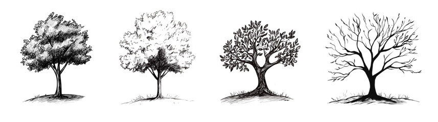 Four different tree sketches illustrating seasonal changes concept of isolated sketch  