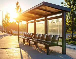 Modern Bus Stop Design  Sunlight Illuminates a Clean, Functional Transit Shelter with Seating