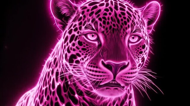 neon leopard on black background. Bright pink color, artistic digital art, fantasy animal, leopard print. 4k video