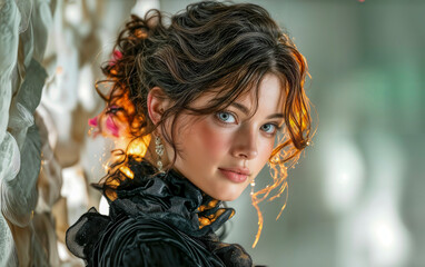 Romantic Woman in Ruffled Gown and Sparkling Light