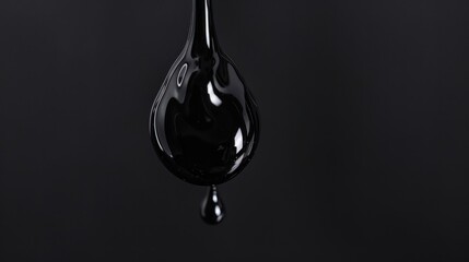 A single, dark, viscous liquid drop,  hanging,  about to fall