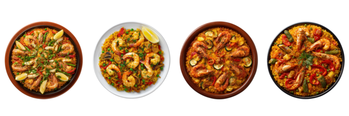 Set of Delicious seafood paella with prawns and vegetables on a plate top view isolated on a transparent background