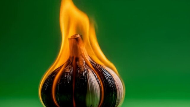 Flaming Garlic Bulb on Green Background - A close-up shot of a whole bulb of garlic engulfed in flames against a vibrant green backdrop.