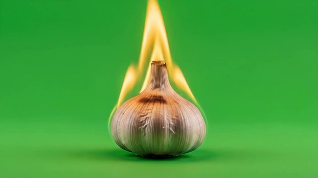Flaming Garlic Bulb on Green Screen - A whole garlic bulb is engulfed in flames against a vibrant green background.