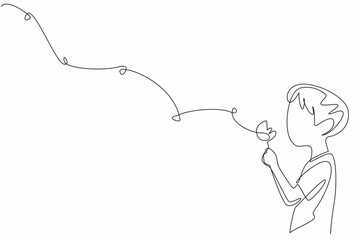 Continuous one line drawing boy holds a dandelion and blows on it so that the flakes fly. Pray and float the hopes into the sky. Dream. World Wish Day. Single line draw design vector illustration