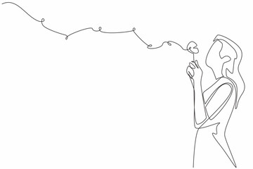 Single continuous line drawing woman in casual clothes holds a dandelion with both hands and blows it. High hopes are not as fragile as dandelions. World Wish Day. One line design vector illustration