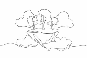 Continuous one line drawing some trees on floating pieces of land. Like in a fairy tale. A beautiful place surrounded by bright clouds. Eco. Day of Trees. Single line draw design vector illustration