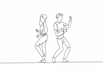 Single one line drawing married couple dancing on the dance floor. Pop music is played. Partying until late. Matched pair. Fun. International Dance Day. Continuous line design graphic illustration