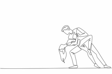 Single continuous line drawing married couple dancing on the dance floor. Like a seduction movement to the beloved wife. Romantic dance. International Dance Day. One line design vector illustration