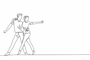 Single continuous line drawing married couple dancing on the dancefloor. Dancing to the music. Rhythm of singing. Salsa dance. Tango dance. International Dance Day. One line design vector illustration
