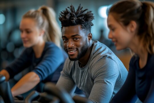 Two women motivating a man exercising on an air bike in the gym, encouraging him to push through the intensity and reach his fitness goals, Generative AI