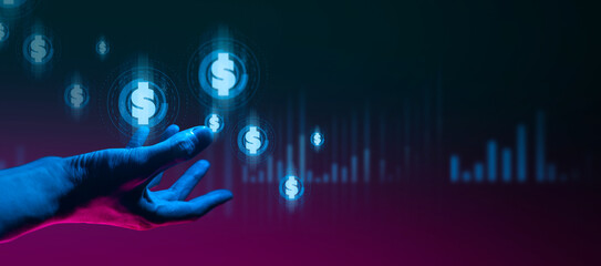 hand of businessman interactive touching a holographic of transaction financial network data...