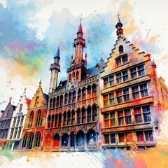 Fototapeta premium A colorful illustration of historic buildings with a watercolor effect. The architecture suggests a European cityscape, Bruges town. Tourism concept.