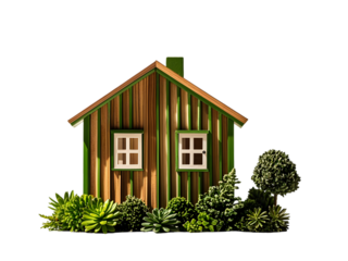 Small Wooden House with Green Trim Surrounded by Lush Green Succulents and Plants Isolated on a transparent background