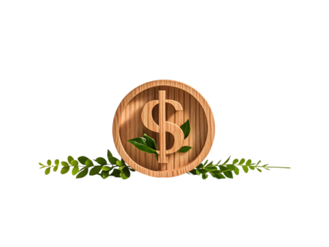 Wooden Dollar Sign Symbol with Green Leaves on White Background 4k High Quality Stock Photo Image Picture Download Full H D isolated on a transparent background