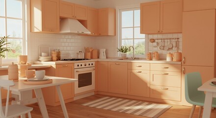 Fototapeta premium Cozy Peach Kitchen with Sunlight Streaming Through Window