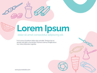 Background or pattern with Turkish Food theme. With doodle style. For layout, website, graphic design.