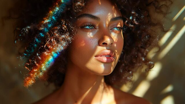 Young african-american woman with curly hair and intense gaze, with visible diverse rainbow prism light leak effect on her face. Diversity, equality, pride concept footage