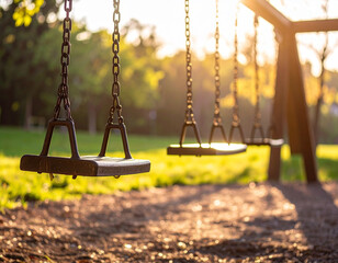 Golden Hour Serenity Empty Swings in a Tranquil Park Setting