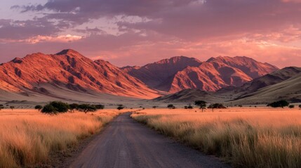 Fototapeta premium African Desert Landscape at Sunset with Gravel Road