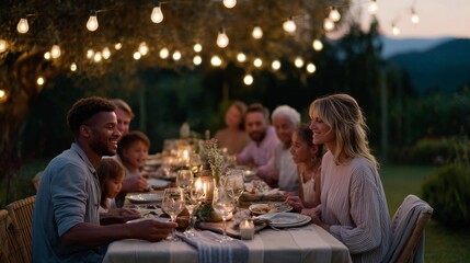 Family gathering around a beautifully set table under string lights during a warm evening in the countryside
