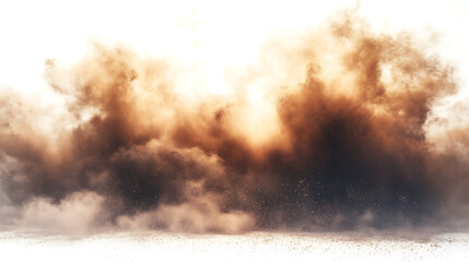 Explosive brown dust cloud isolated on white background dynamic sandstorm particle blast special effect moody texture