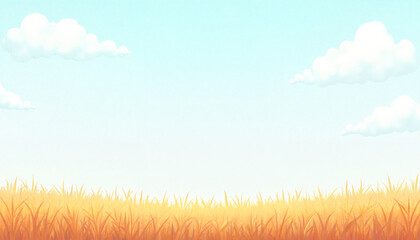 Cartoon autumn meadow, blue, green and yellow colors, idyllic background with copy space words + concept