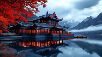 Obraz premium A traditional Asian pavilion by a calm lake, surrounded by red autumn foliage and misty mountains. The serene setting exudes peace and natural beauty.