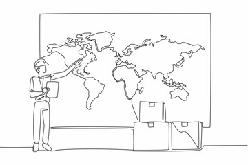 Single one line drawing man wearing project vest and helmet holding a clipboard. The queue of logistics to be exported abroad. National Supply Chain Day. Continuous line design graphic illustration